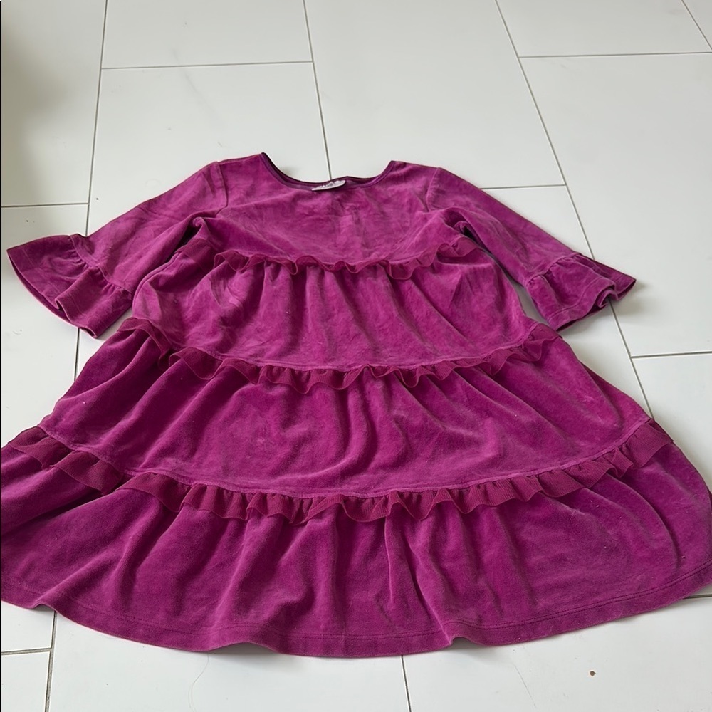 Hanna Andersson love 2 Twirl Velour magenta Tiered Dress 3/4 Sleeve US 7